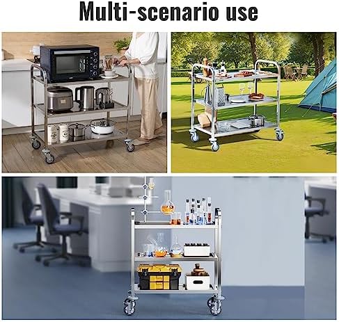 VEVOR Stainless Steel Cart, 3 Layers Lab Utility Cart 220 lbs Weight Capacity, Medical Cart with Lockable Universal Wheels, for Lab, Clinic, Kitchen, Salon - Image 6