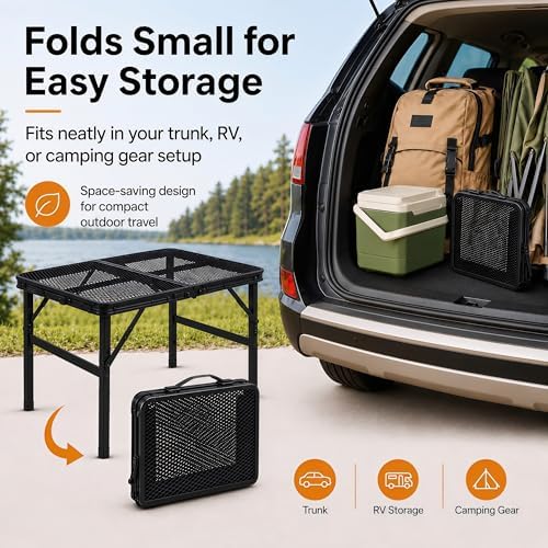 Folding Grill Table Camping Table with Mesh Desktop, Lightweight & Portable Outdoor Picnic Table, Height Adjustable Portable for Outside Inside Use - Image 4