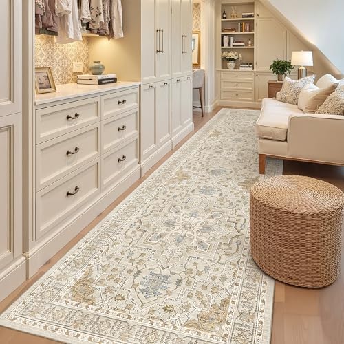 Madane Hallway Runner Rug 3x12 Washable Kitchen Runners 12ft, Beige/Blue - Image 4