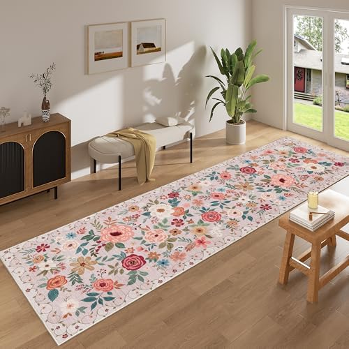 DUKINO 3x10 Runner Rug, Floral Washable Kitchen Runner Rug Non Slip, Beige - Image 3