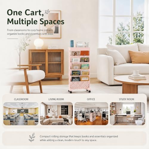 BYFU 6-Tier Movable Bookshelf Cart, Pink - Image 6