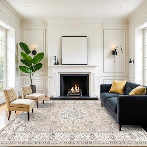 8x10 Living Room Rug for Family- Washable Oriental Stain Resistant Rugs for Bedroom Nursery Non Slip Ultra Soft Carpet for Dining Room Medallion Farmhouse Home Decor Floor Decoration Mat (8x10 Beige) by HYHAOYUNLAI