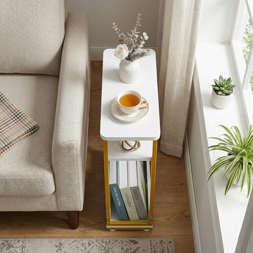 Narrow Side Table,3-Tier Slim End Table with Storage Shelf,Modern Sofa Table Thin Side Table for Small Spaces, Skinny Bedside Table Small Nightstand with Magazine Rack Space Saving/White+Gold - Image 5