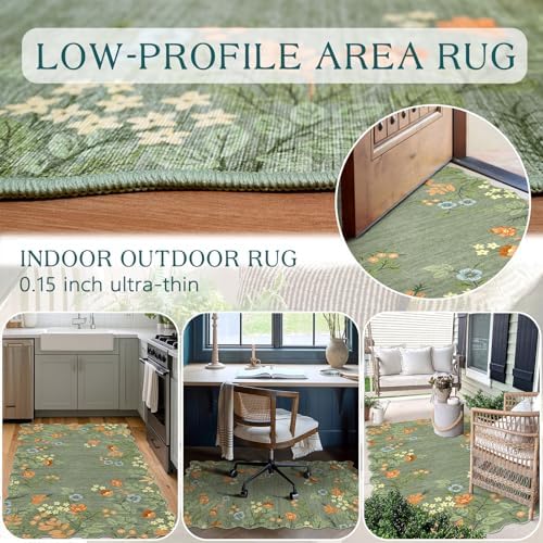 Sage Green Floral Entry Rug - 3x5 Ft Washable Indoor Outdoor Mats for Front Door Non-Slip Porch Rug Non-Slip Boho Throw Rugs for Living Room Bedroom Entryway Kitchen Office Porch Decor - Image 4