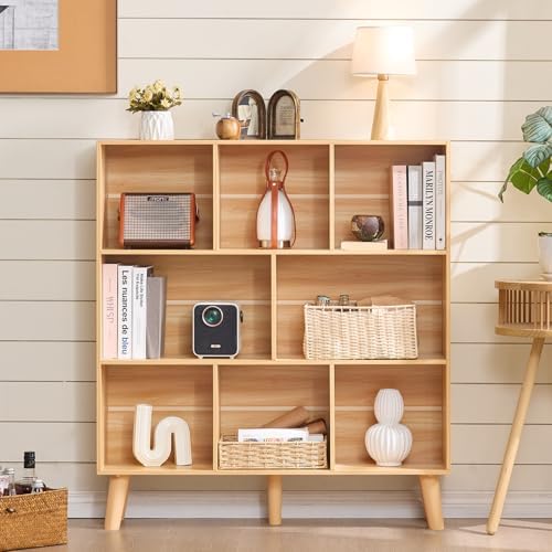 LEYAOYAO 8 Cube Bookshelf, Mid-Century Modern Book Shelf with Legs, Natural - Image 5