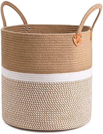 CHICVITA Large Wicker Storage Basket with Leather Handles, 16" x 16", White by CHICVITA