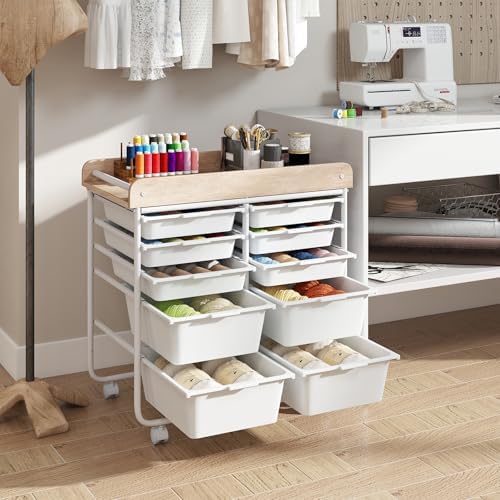 Giantex Rolling Storage Cart with 10 Drawers, Utility Cart w/Wooden Tabletop, Handle, Lockable Wheels, Multipurpose Organizer for Art Craft Scrapbooks Paper, Drawer Carts for Dorm School Office, White - Image 4
