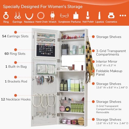 GISSAR Jewelry Mirror Armoire Wall Mount Over The Door Mirror Jewelry Cabinet Storage Mirror Organizer Lockable Full Length Door Mirror(White Oak) - Image 4