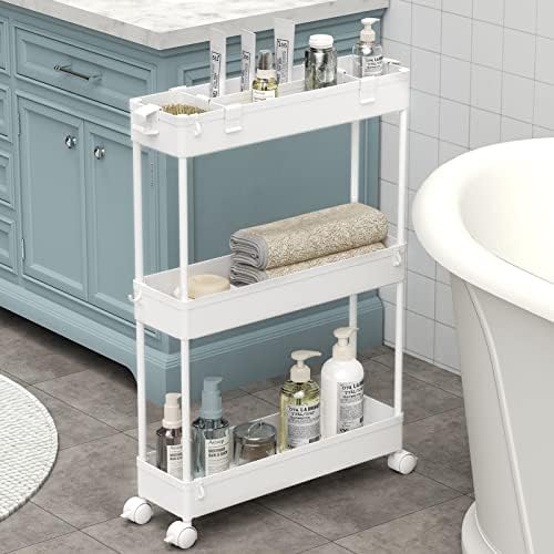 SPACELEAD Slim Storage Cart 3 Tier,Bathroom Organizer Rolling Utility, Mobile Shelving Unit Slide Out for Office, Kitchen, Laundry Room & Narrow Places,White by Home