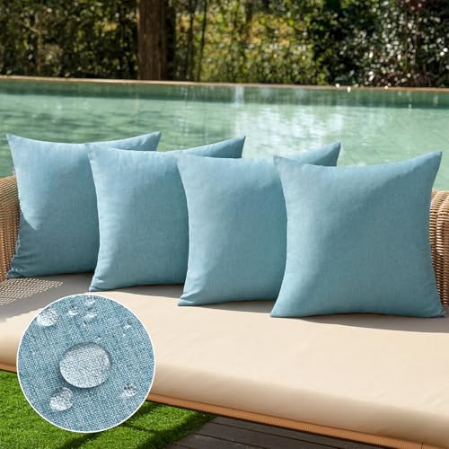 MIULEE Pack of 4 Decorative Outdoor Throw Pillow Covers Linen Waterproof Pillow Covers Summer Farmhouse Cushion Cases for Patio Garden Tent Balcony Couch Sofa 16x16 Inch Blue Gray by MIULEE