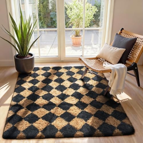 Ophanie Black & Beige Diamond Checkered Rugs for Living Room Bedroom,Rhombus Fluffy Soft Cute Fuzzy Area Rug,Plush Shaggy Bedside Floor 4x6 Furry Carpet Kids Dorm Decor with Over 99 pcs Pile fibers - Image 3