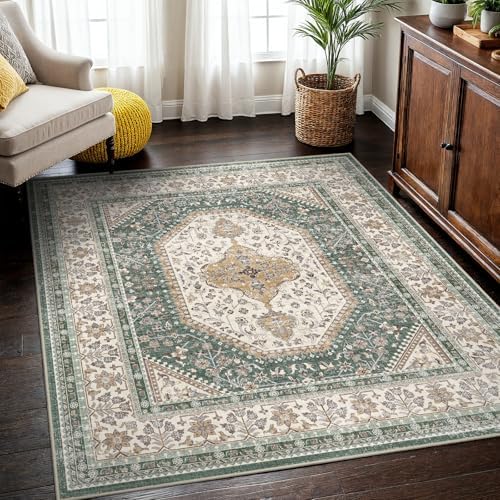 4x4 Square Washable Area Rug - Non-Slip Vintage Throw Rugs Green Beige by Puino