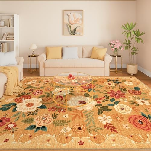 DUKINO 8x10 Area Rugs, Floral Washable Living Room Rug Non Slip, Orange by DUKINO