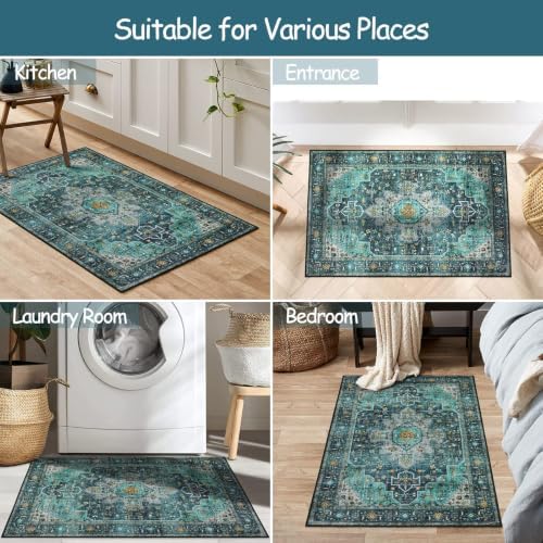 Moynesa Ultra-Thin Washable Area Rug - 2x3 Teal Small Entryway Rug Front Indoor Doormat, Boho Non-Slip Stain Resistance Low Pile Accent Carpet for Kitchen Bathroom Home Laundry Room Hall Decor - Image 5