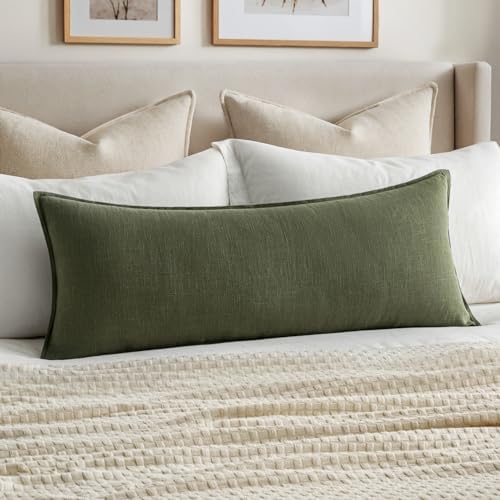 MIULEE Decorative Linen Lumbar Pillow Cover 14x36 Inch Dark Olive Green by MIULEE