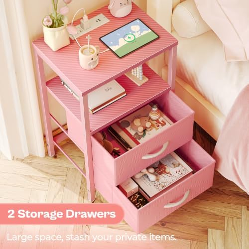 Huuger Nightstand with Charging Station, Side Table with Fabric Drawers - Image 5