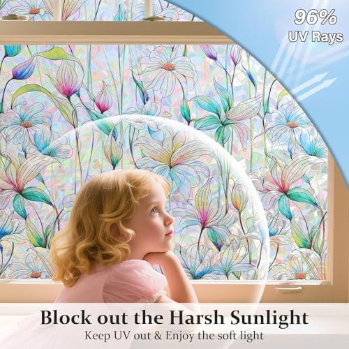 Donox Decorative Window Privacy Film, 3D Floral Stained Glass Window Film Static Cling Rainbow Privacy Sticker for Glass Door Heat Control Anti UV, No Adhesive (Magnolia,17.5 x 78.7 inches) - Image 4