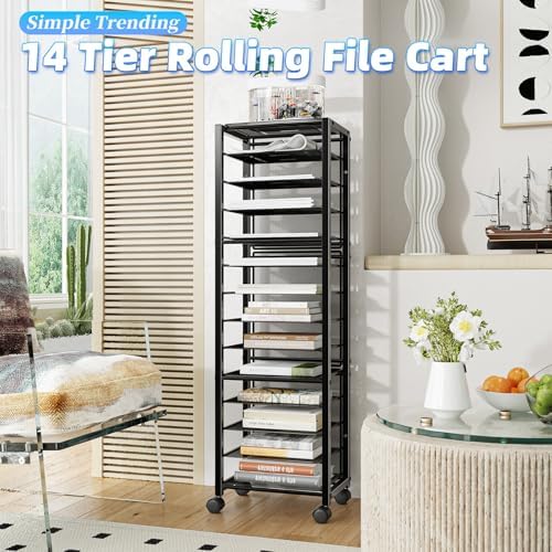 Simple Trending 14 Tier Rolling File Cart, Desk File Organizer, Paper Letter Storage Rolling Clutter Cart for Office, Home, School, Black - Image 2