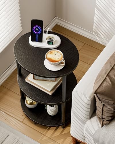 Small Round Side Table - 3-Tier Oval Accent Table for Small Spaces, Rustic Wood and Metal Nightstand for Living Room or Bedroom, Built-in USB Ports and Power Outlet, Charcoal Wenge - Image 4