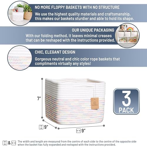NaturalCozy Storage Cubes 9”x9”x7”Cotton Rope Woven Baskets for Organizing 3-Pack | 9 Inch Cube Storage Bin | Small Basket for Shelf Nursery, Pantry, Decorative Plant, Bathroom Closet, Toy Gift - Image 2
