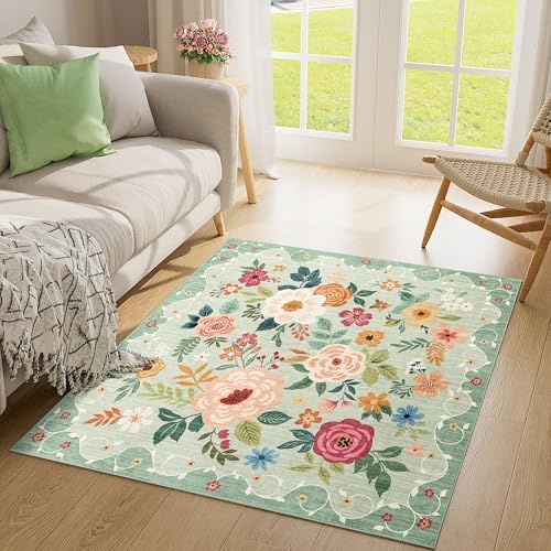 DUKINO 4x4 Square Area Rug, Soft Floral Washable Rug for Entryway, Green - Image 4