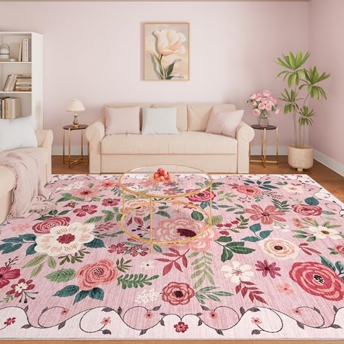 DUKINO 9x12 Area Rug for Living Room, Floral Washable Rug Non Slip, Pink - Image 6