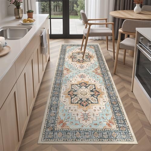 Madane Washable Runner Rug 2x6 Runners for Hallways Non Slip, Orange/Blue - Image 2
