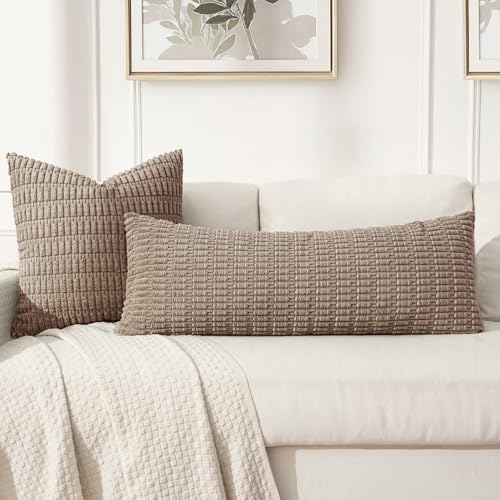 MIULEE Lumbar Corduroy Throw Pillow Cover for Bed 14x36 Light Brown - Image 3