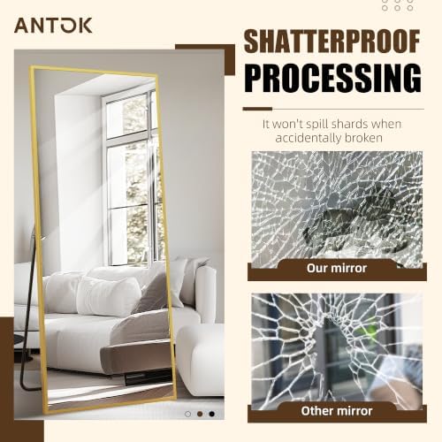 Antok Over The Door Mirror Full Length, 58'' x 21''Wall Mounted Hanging Mirror, Aluminum Alloy Frame, Shatterproof Glass, No Drill Installation for Bedroom, Closet, Bathroom, Dorm, Rect Corner,Gold - Image 3