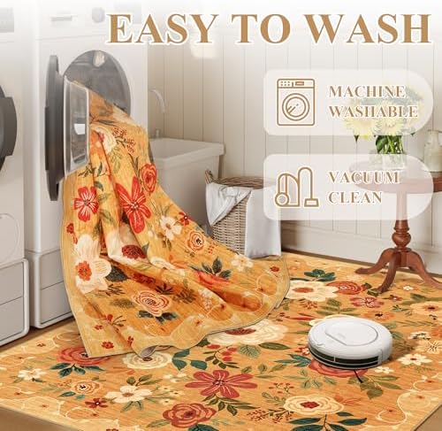 DUKINO 2.6x12 Kitchen Runner Rug, Floral Non Slip Long Washable Rug, Orange - Image 5