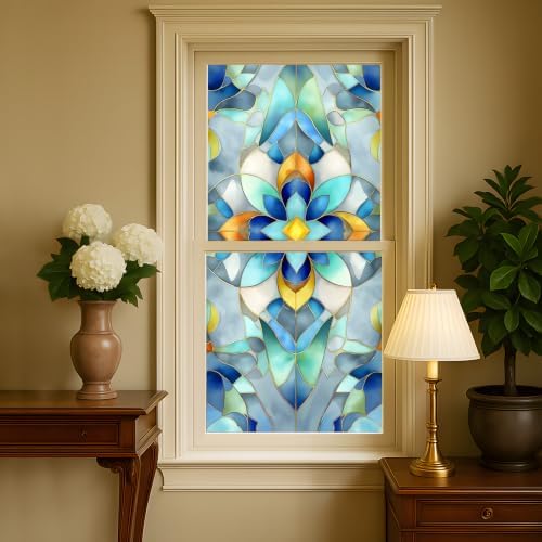 Privacy Window Film 17.5x38.3 Inches, Geometric Stained Glass Decorative Window Sticker, Blue & Green Frosted Glass, Anti-UV, Static Cling for Home, Bathroom, Office (Retro Blue) - Image 3