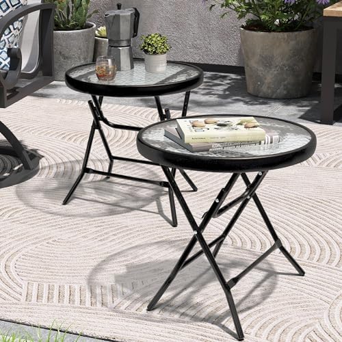Foldable Side Table with Tempered Glass Top, 2 Pack Black & White by PATIOHIT