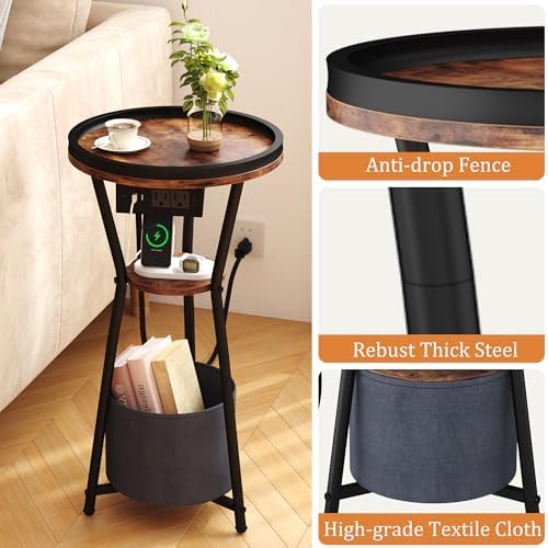 Yusong Round Side Table with Charging Station, Small Drink Table for Small Spaces, 3-Tier Industrial End Table, Accent Nightstand Bedside Table for Living Room, Bedroom, Sofa Couch, Rustic Brown - Image 6