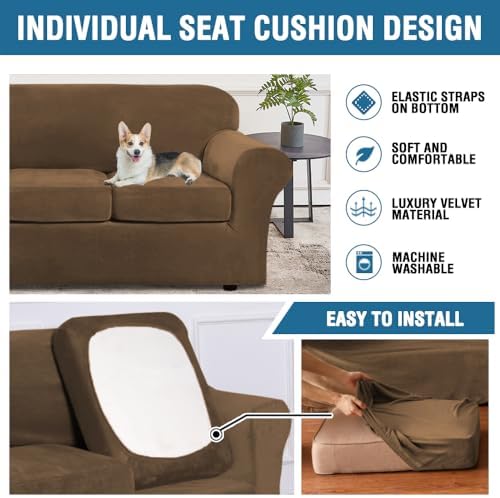 H.VERSAILTEX High Stretch Sofa Slipcover 4 Piece Cover Velvet Furniture Protector Form Fit Thick Velvet Extra Large Sofa Cover for 3 Cushion Couch Width Up to 97 Inch (Large Sofa, Bronze Brown) - Image 7