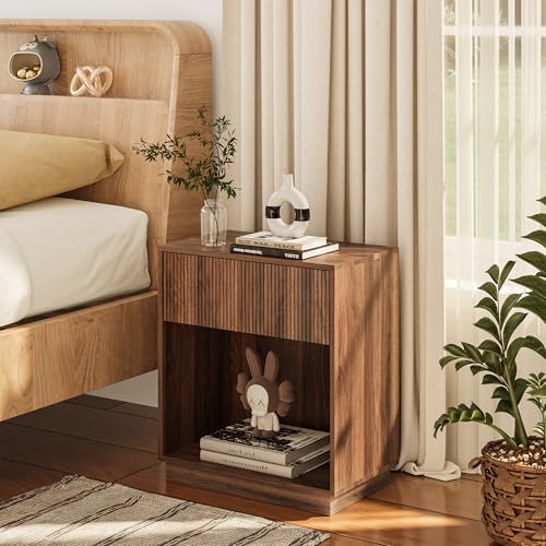 Fluted Nightstands Set of 2, Modern Bedside Table with Storage Drawer and Open Wood Shelf, Wood End Table Mid Century Night Stands for Bedroom Living Room Sofa Couch Office Walnut Brown - Image 3