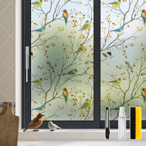 DKTIE Reeded Glass Window Film Seamless Pattern Colored Birds 17.7" x 78.7" by Dktie