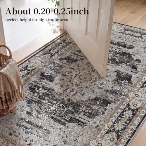 3x12 Washable Hallway Runner Rug - Non-Slip Vintage Kitchen Rugs Black Gray - Image 4