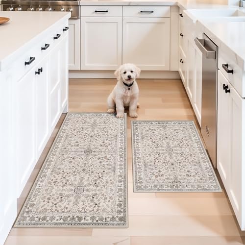 Kitchen Rugs Non-Slip Washable 2 Piece, Modern Boho Low Pile Stain-Resistant Floor Mats Set for Hardwood Floors, Soft Small Decorative Rugs (Beige, 2x3+2x4) by BYYVOORugsforYourHome