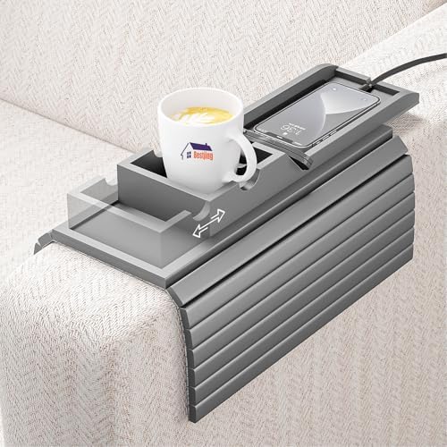 Bestjing Bamboo Couch Armrest Table with Cup Holder Tray (Gray) by Bestjing