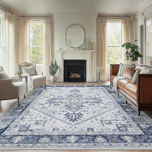 AMADA HOMEFURNISHING Washable Area Rug, Low-Profile Large Area Rug with Non-Slip Backing & Durable Edge Binding, Vintage Large Rugs for Living Room, Bedroom, Dinning Room, 8x10, Navy Blue/White by AMADAHOMEFURNISHING