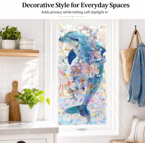 Blue Dolphin Floral Window Privacy Film 17x39in Static Cling PVC Sticker - Image 4