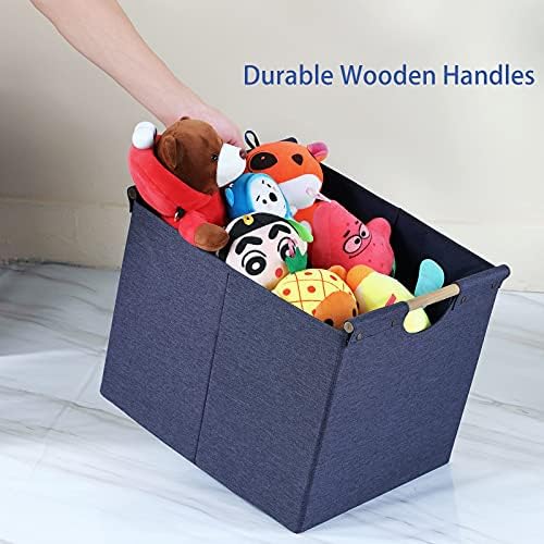 HOONEX Large Foldable Storage Bins, Linen Fabric, Pack of 2, Storage Baskets with Wooden Carry Handles and Sturdy Heavy Cardboard, for Home, Office, Car, Nursery, Blue - Image 4