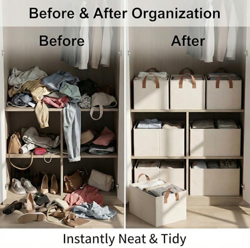 3 Pack Storage Bins Fabric Collapsible Organizers with Handles Sturdy Canvas with PP Board Beige Foldable Storage Box for Closet Shelves, Books, Toys, Clothes, Office Organization - Image 5