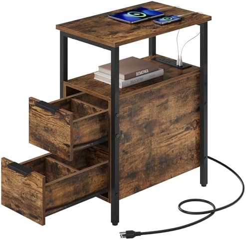 VASAGLE Side End Table with Charging Station, Slim Nightstand with Storage by VASAGLEbySONGMICSHOME