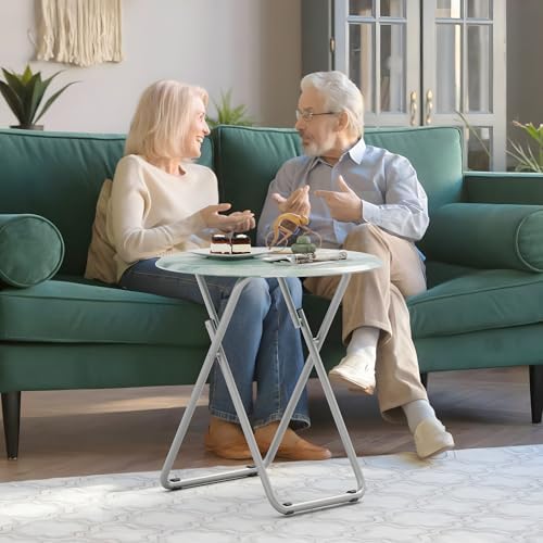 TV Tray Round Table, Small Foldable Table, Portable Dinner Table for Eating, Snack Side Trays Table Set of 2, No Assembly Required (Ocean Blue Marble, 2Pcs) - Image 2