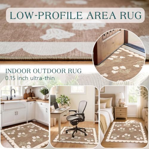 3x3 Square Entryway Rug - Non-Slip Washable Front Door Mat Indoor Outside Entrance Small Porch Rug Tan Neutral Floral Scalloped Throw Rugs for Entryway Kitchen Bedroom Office Front Porch Decor - Image 5