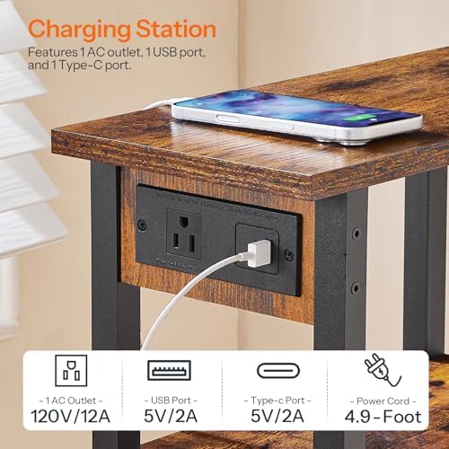 HOOBRO Narrow Side Table, 3-Tier Slim End Table with Charging Station, Skinny Nightstand with Open Storage, for Small Spaces, Living Room, Bedroom, Study, Rustic Brown and Black BF340UBZ01 - Image 7
