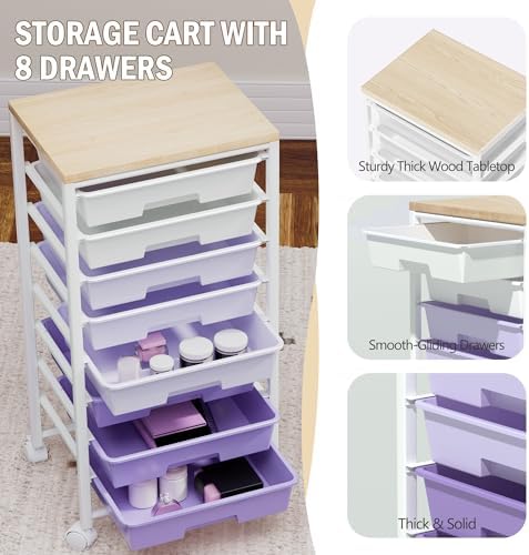 Rolling Cart with 8 Drawers, Storage Drawers Cart with Wooden Tabletop and Lockable Wheels, Craft Storage for Living Room, Office, Classroom, Craft Room, Bedroom (Purple) - Image 3