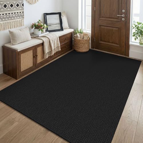 KOZYFLY Black Washable 4x5 Entry Woven Area Rug, Braided Throw Rugs for Entryway, Non Slip Door Mat Indoor Entrance, Flatweave Carpet for Foyer, Bedroom, Dining, Office, Black/Dark Grey by KOZYFLY