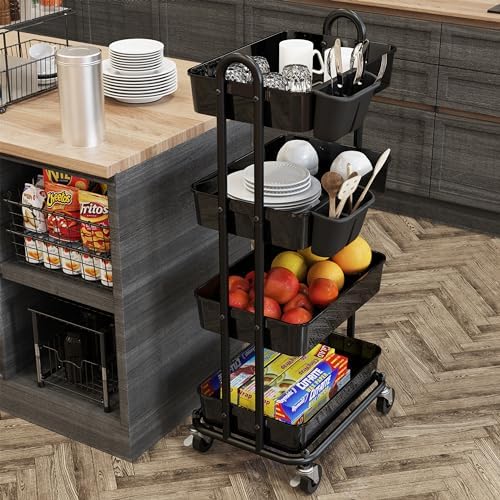 Simple Houseware 4-Tier Rolling Utility Cart with Hanging Bucket, Black - Image 7